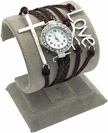 Vintage Cross Bracelet Love Leather Rope Bangle Lady Woman Wrist Watch (Dark Brown)