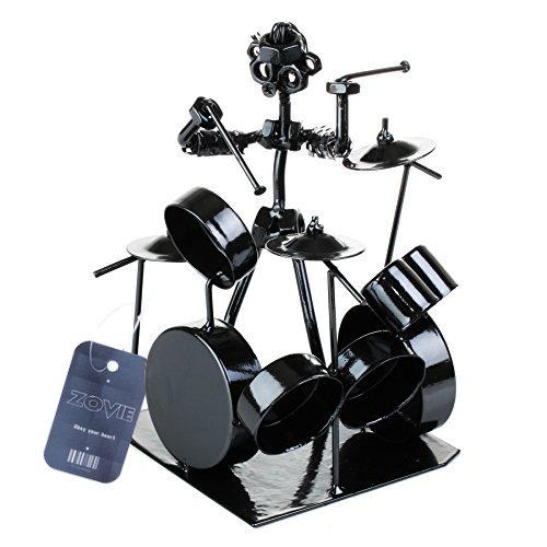 ZOVIE Creative Top-grade Plated Stainless Drummer & Drum Set Sculpture Wrought Iron Musician Statue Instrument Model Home Decor Figurine Ornament Cafe Counter Living Room Bedroom Tabletop Study Office Book Shelf Decoration (Black)