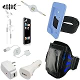 Apple iPod Touch / iTouch Silicone Skin (BLUE) w/ usb retractable 2in1 sync and charging cable, USB Car Charger, USB Wall / Travel Charger, Headphones / Earphones, Earphone / Headphone Fish shaped Holder, 3.5mm to 3.5mm Aux (Auxiliary) MP3 Cable, a Screen Protector / Screen Guard, and A Dual Tone Blue / Black Mesh Sports Armband