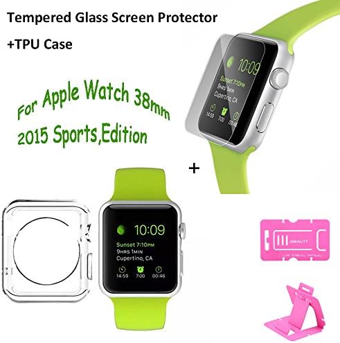 Apple Watch Case+Apple Watch Tempered Glass Screen Protector,2pack Ideality Flexiable TPU Apple Watch 38mm Case Slim light Clear & Apple Watch Glass Screen Protector 9H Hardness Anti-shock,perfect Fit for Smart Apple iWatch 2015 Standard,Sports,Edition (38MM)