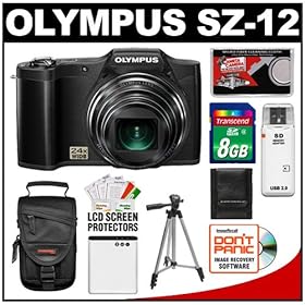 Olympus SZ-12 3D Digital Camera (Black) with 8GB Card + Battery + Case + Tripod + Accessory Kit