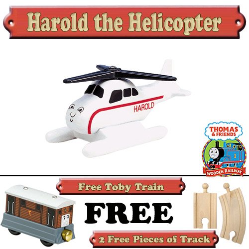 Harold the Helicopter from Thomas The Tank Engine Wooden Train Set - Free 2 Pieces of Track & Free Toby Train