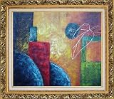 Abstract Yellow, Blue, Red and Green Oil Painting, with Ornate Antique Dark Gold Wood Frame 26 x 30 inches