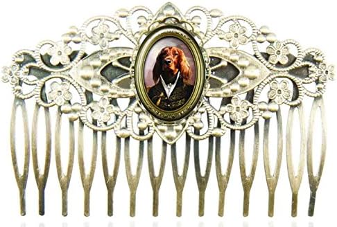 Filigree hair comb with with oval glass cabochons protecting a design with a dog dressed up an army general