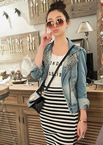 デニム ジャケット ロック ダメージ 鋲　カジュアル ライダース風 エレガント フレア レース シフォン ロング ブラウス  長袖  大きいサイズ  美脚 デート 2次会 パーティ セクシー 秋物 冬物 可愛いスカーフ付き m152