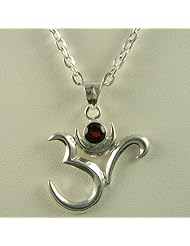 Thick 925 Sterling St Silver Stand Alone Om Ohm Aum Tibetan Buddhist Spiritual Buddha Enlightened One Birth Stone January Red Garnet Ruby Colored CZ Cubic Zirconia Pendant Necklace  1 1/4 x 1 1/2 inches With A Beautiful Heavily Plated St Silver Chain