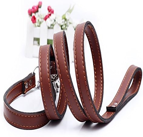 SPAZI Genuine Leather Rolled Dog Leash and Adjustable Studded Pet Collar Set for Large and Medium Dogs Neck for 13"-16.8",Leash about 120cm/47"