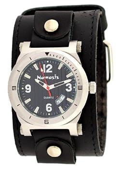 Nemesis #LBB073K Men's Stainless Steel Wide Cuff Band Anlalog Black Dial Watch