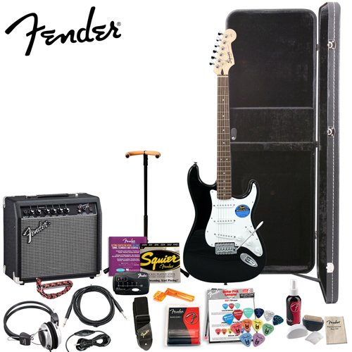 Fender Squier Affinity Special Black Strat Stop Dreaming, Start Playing Set with Essential Upgrade Pack - Includes: Fender/ GO-DPS 12 Pack Pick Sampler (Part# DPS-FN-SAMPLER), Squier Strings, Fender String Winder, Ultra Stand, Dunlop Capo, Fender Guitar Slide, Fender Polishing Kit, Fender String Cleaner & MBT Hard Case