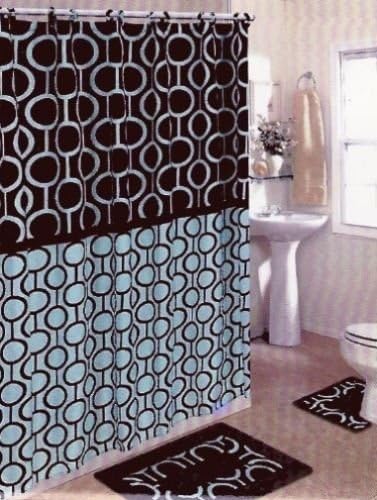 Brown and Blue Olivia 15-piece Bathroom Set: 2-rugs/mats, 1-fabric Shower Curtain, 12-fabric Covered Rings