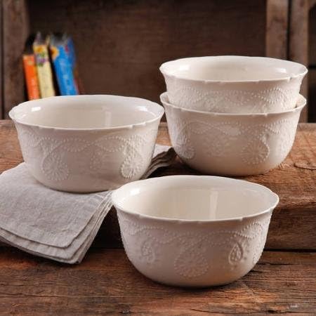 The Pioneer Sophisticated, Stylish, Durable Stoneware, Dishwasher Safe, Microwave Safe, Woman Cowgirl Lace Transparent Glaze 4-Pack Kitchen Dining and Entertaining, Dinnerware Bowls in Linen