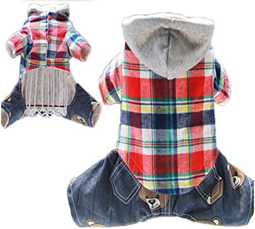 Pet Dogs Cartoon Casual Plaid Hoodie Four-legged Jumpsuit Overalls (XS, Red)