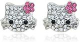 Sterling Silver Hello Kitty Light Rose SWAROVSKI CRYSTALS w/ Pink Flower Bow Titanium Post Stud Earrings