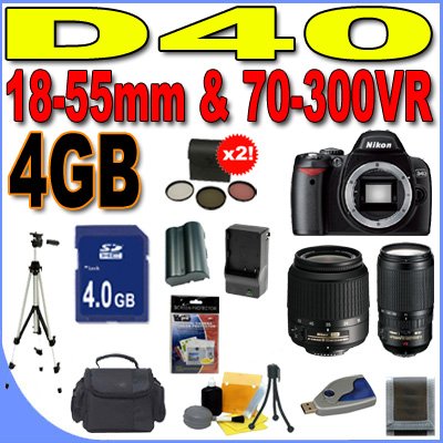 Nikon D40 6.1MP Digital SLR Camera with Nikon 18-55mm f/3.5-5.6 ED II AF-S DX Zoom-Nikkor Lens Kit and Nikon 70-300mm f/4.5-5.6G VR AF-S IF-ED Zoom-Nikkor Lens PLUS 4GB SDHC Memory Card - Extra Lithium Ion Battery - TWO 3 Piece Filter Kits - Full Size Tripod - D40 (25420) BigVALUEInc Accessory 2-Lens Saver Bundle + MORE!