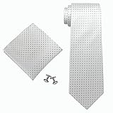 Landisun 11E 水玉 メンズ シルク ネクタイセット：ネクタイ+ハンカチ+カフス ライトグレー, 148x8.25cm