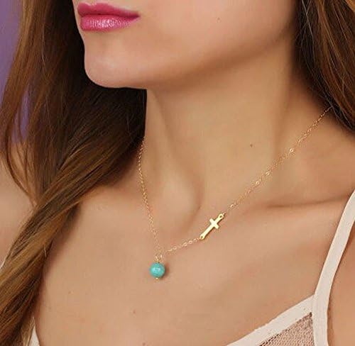 Womens Turquoise Cross Pendant Short Necklace Gold Plated Cable Chain 02, 18"
