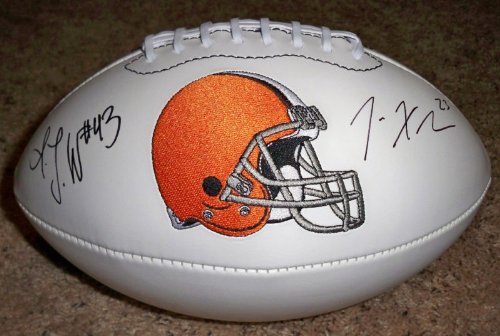 TJ WARD/ JOE HADEN SIGNED AUTOGRAPHED CLEVELAND BROWNS LOGO FOOTBALL W/ HOLOGRAM + COA