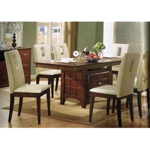 7pc Dining Table and Chairs Set White Vinyl Distress Walnut Finish by Coaster