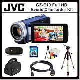 JVC GZ-E200 Everio Camcorder Kit Includes: JVC GZE200 Camcorder(Blue), 2 Extended Life Replacement Batteries, Rapid Travel Charger, 32GB Memory Card, Memory Card Reader, Large Carrying Case, Full Size Tripod, Table Top Tripod, LCD Screen Protectors, Cleaning Kit & SSE Microfiber Cleaning Cloth.