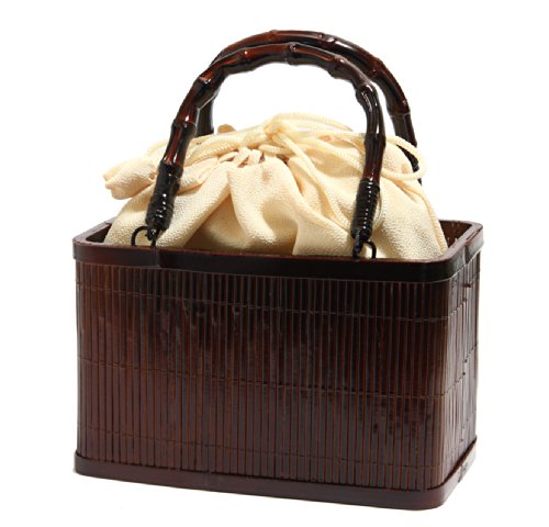 浴衣や夏の着物に似合う 巾着 竹かご バッグ 巾着取り外し可能 赤茶 角型