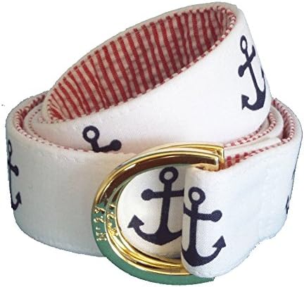 No27 Men's Navy Anchor on White D-Ring Belt, Navy Blue Anchor on White Fabric with Heavy D-Ring Styles