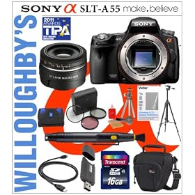 Sony Alpha DSLR-SLT-A55 16.2MP Digital Camera (Body) + Sony SAL-30M28 30mm f/2.8 DT Macro Autofocus Lens + Transcend 16GB SDHC Class 10 Memory Card + Sunpak 6600DX Digital Full Size Tripod & Much More! Willoughby's Est. 1898 Bundle