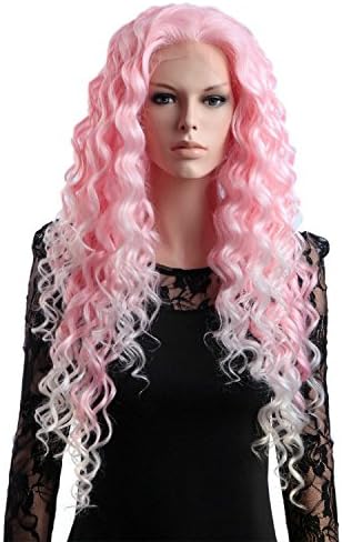 Nface 26inch Heat Resistant Synthetic Fiber Long Free Part Kinky Jerry Afro Curly Women's Front Lace Wigs /hair (Pink 3100B/1001)