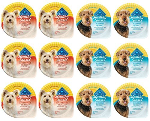 Blue Buffalo BLUE Healthy Starts Grain Free Wet Dog Food 2 Flavor Variety Bundle: (6) Healthy Starts Southwest Skillet with Beef & Egg and (6) Healthy Starts Sunrise Skillet with Chicken & Egg, 3 Ounces Each (12 Trays Total)