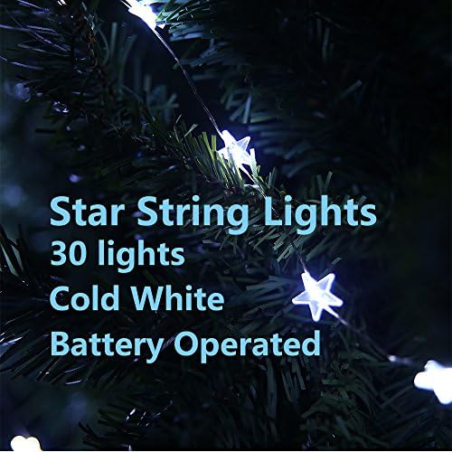 LIDORE® Micro LED 30 Blinking Star Xmas tree lights. Warn white. 3AA Battery Operated. 7ft Long Silver coating Ultra Thin String Wire. Timer function