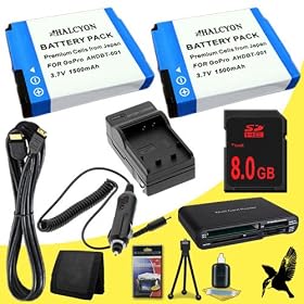 Two Halcyon 1500 mAH Lithium Ion Replacement Battery + External Rapid Charger + 8GB SDHC Class 10 Memory card + Mini HDMI Cable + Multi Card USB Reader + Memory Card Wallet + Deluxe Starter Kit for GoPro HD Hero, HD Hero2, HD HERO Naked