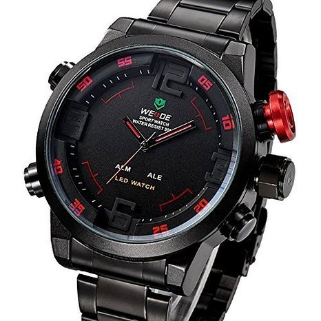 Mens Army Military LED Date Week Alarm Sports Quartz Wrist Watch - Red Button