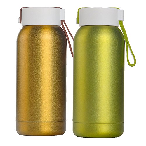 Superstring Flask Vacuum Insulated Stainless Steel Water Bottle Double Walled Thermos with Lanyard Colorful Frosted Matte 8OZ 2pcs Green and Gold