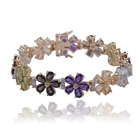 18k Yellow Gold Plated Sterling Silver Multi-Gemstone and Diamond Flower... by