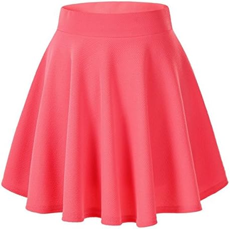 Kavi Pik Women's Basic Solid Versatile Stretchy Flared Casual Mini Skater Skirt Coral Small