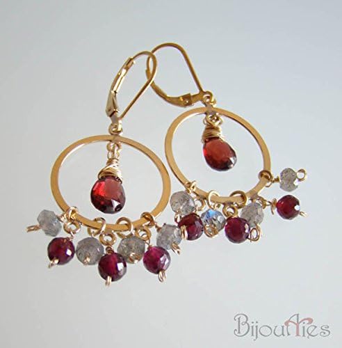 Genuine Labrodarite and Garnet, Gold Filled lever backs, Gold Filled chandelier earrings. Great for Holidays, formal, weddings or every day wear.