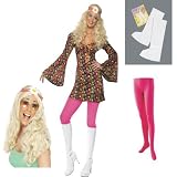 Ladies CND 1960's 70's Hippie Dress with Wig Pink Tights & White Boot Cover Tops Size Small 8-10 Fancy Dress Costume Accessory