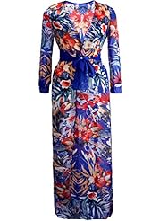 V-neck Slit Cutout Floral Print Tropical Print Long Sleeves Polyester Maxi Dress 