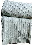 Homescapes Cable Knit Throw Blue 100% Cotton 130x170cm Washable Sofa Throw or Bed Blanket