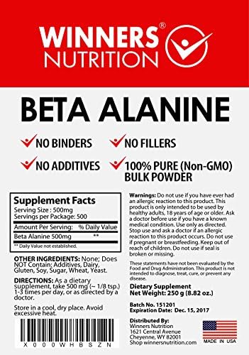 Winners Nutrition Beta Alanine Powder 250 Grams, Best Pre Workout Sports Nutrition Supplement for Lean Muscle Mass, Endurance, and Fatigue. 250G