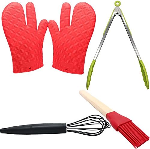 Silicone Cookware Set - Silicone Cooking Gloves Silicone Locking Tongs Silicone Wire Whisk & Silicone Baster Brush - Protective Oven Grill BBQ Fireplace Microwave Baking Smoking and Cooking Gloves