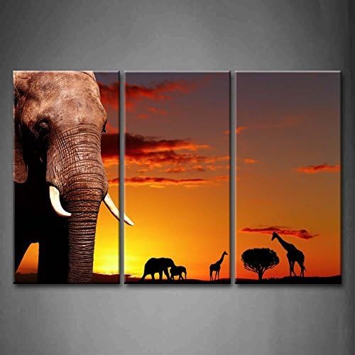 Modern Home Decoration painting 3 Panel Wall Art Yellow Orange African Nature Concept African Elephant In Savanna At Sunset Tree Giraffe Pictures Print On Canvas Animal The Picture piece