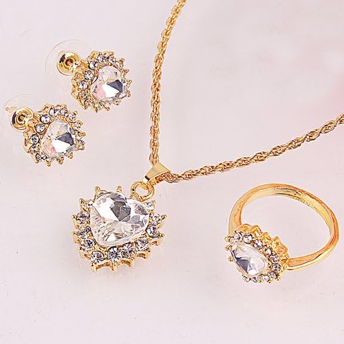 Julycoffee Unique 14k Gold Filled Heart Cut White Sapphire Wedding Gift For Vogue Women/Girls Necklace Earrings Ring Jewelry Set B126