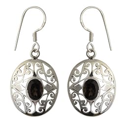 Sterling Silver Smokey Quartz Gemstone Jeweley Dangle-Earrings 1.55 inches
