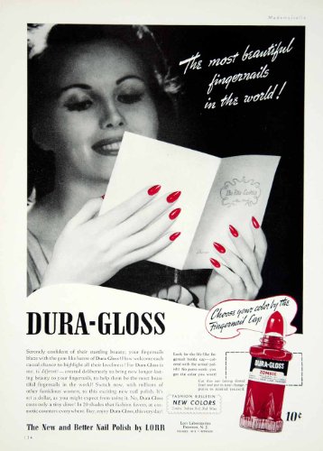 1940 Ad Dura-Gloss Lorr Nail Polish Varnish Zombie Red Fingernail Forties Style - Original Print Ad