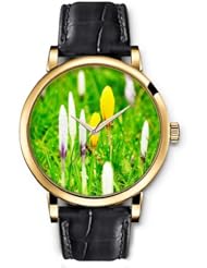 SPRAWL Aanalog Fashion Series Gold Ladies Watches of Genuine Black Leather Strap,Unique Wrist Watch for Women Girls Designed with Flower buds