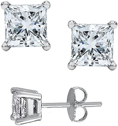 Unisex Sterling Silver 925 Cubic Zirconia Princess Cut Square Stud Earrings