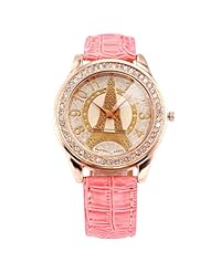 Rose Gold Case Crystal Eiffel Tower Lady Women Pink Leather Quartz Analog Watch WAA500