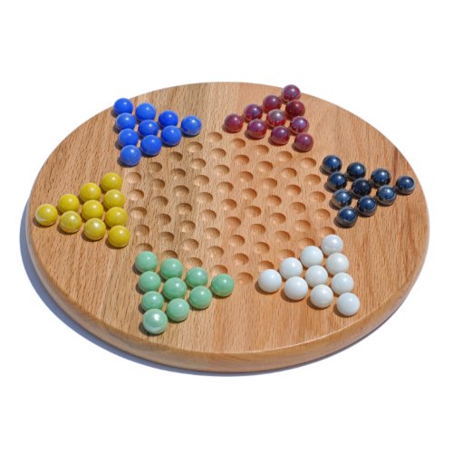 51sVEs4FpVL Classic Solid Oak Wood Chinese Checkers Set with Glass Marbles