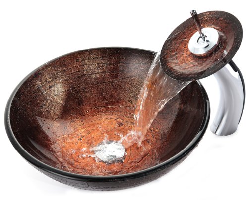 Kraus C-GV-580-12mm-10CH Copper Illusion Glass Vessel Sink and Waterfall Faucet, Chrome