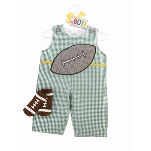 Mud Pie Baby All Boy Longall Overalls with Decorated Socks Set, Football, 12 - 18 Months